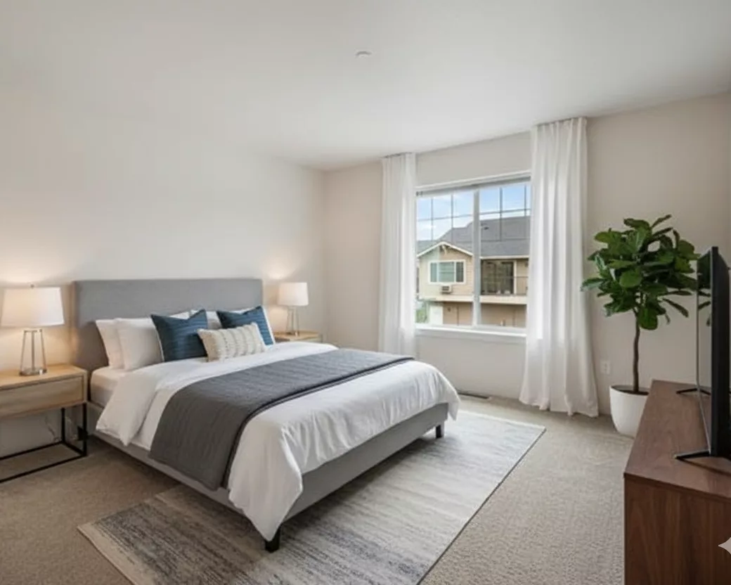 A modern bedroom featuring a neatly made bed with white and gray bedding, accompanied by blue accent pillows. The room includes two bedside tables with lamps, a large window with sheer white curtains, a plant in the corner, and a flat-screen TV on a wooden stand.