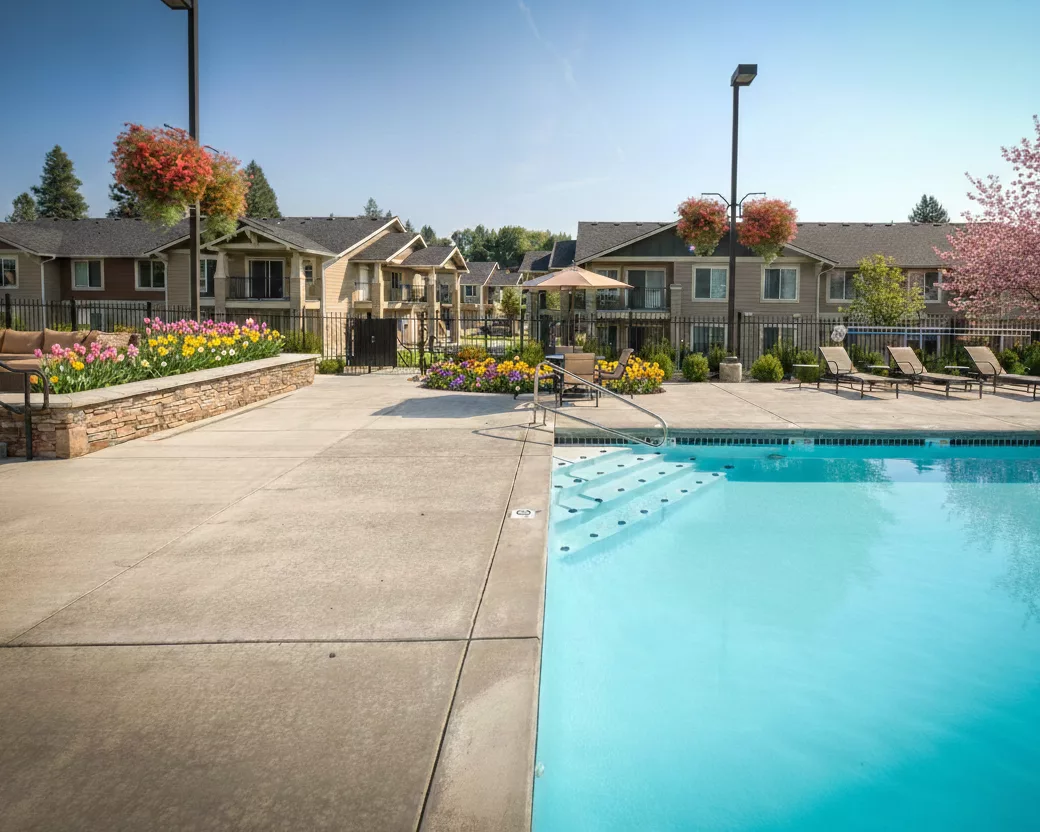 An outdoor swimming pool with lounge chairs, umbrellas, colorful flower beds, and nearby residential buildings.